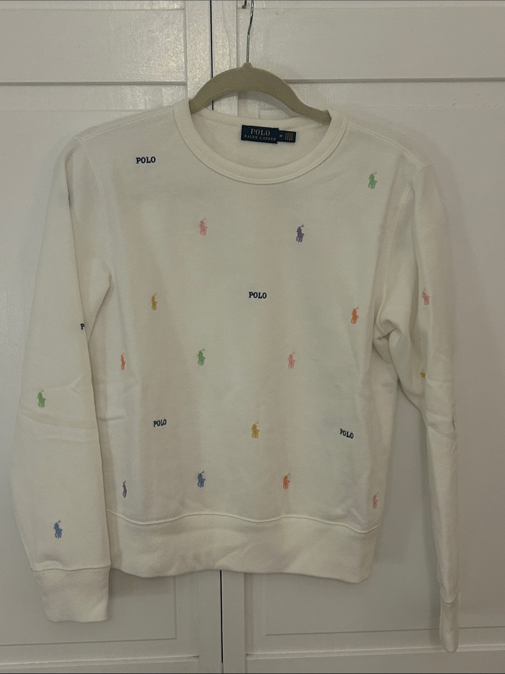 Polo by Ralph Lauren White Crewneck Sweater with Multicolor Pony Motifs